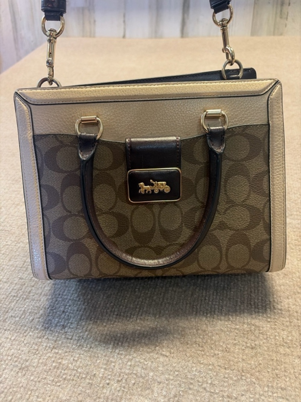 Coach Brown Signature Canvas Satchel with Cream Trim and Gold Hardware